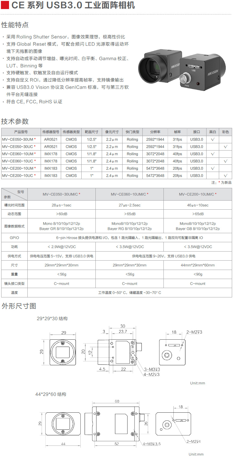 CE系列USB3.0工业面阵相机